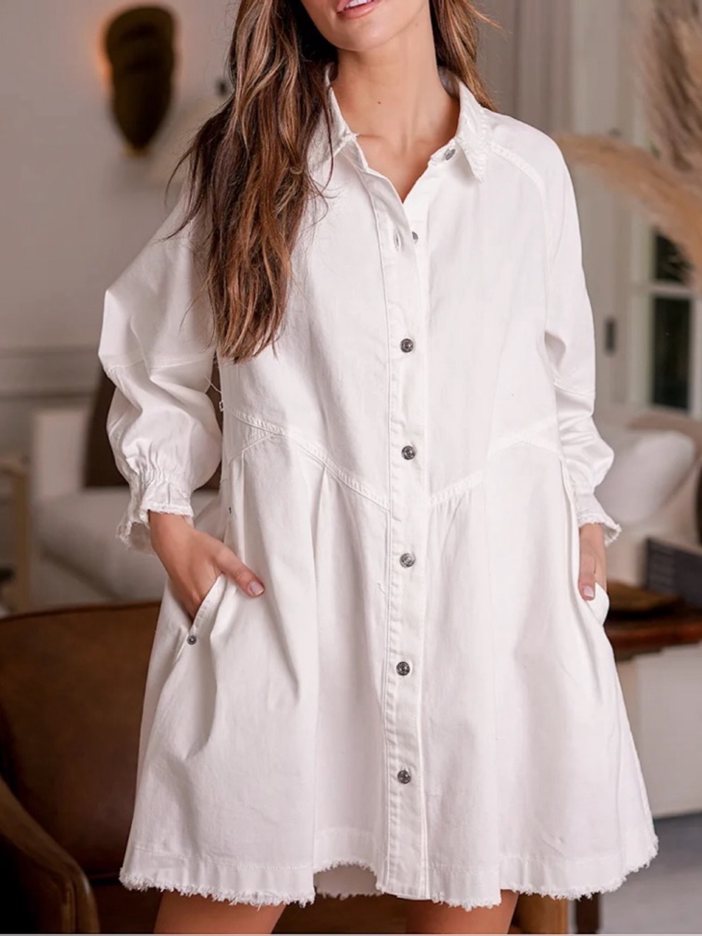 Free People Hannah Denim Long Sleeve Button-Front Mini Dress - Size XS - Picture 13 of 15